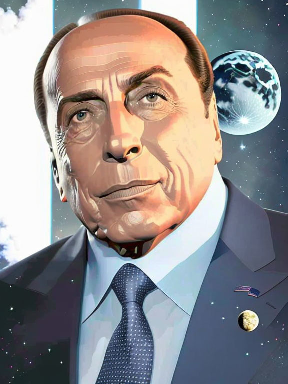 Man in Suit with Space-themed Background: Stars and Planet