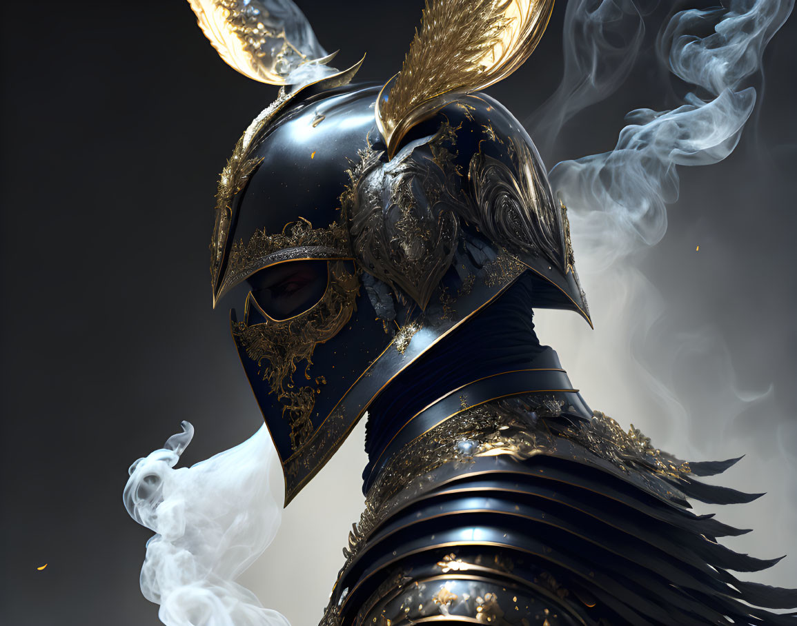 Black and Gold Winged Helmet Emitting Smoke on Grey Background