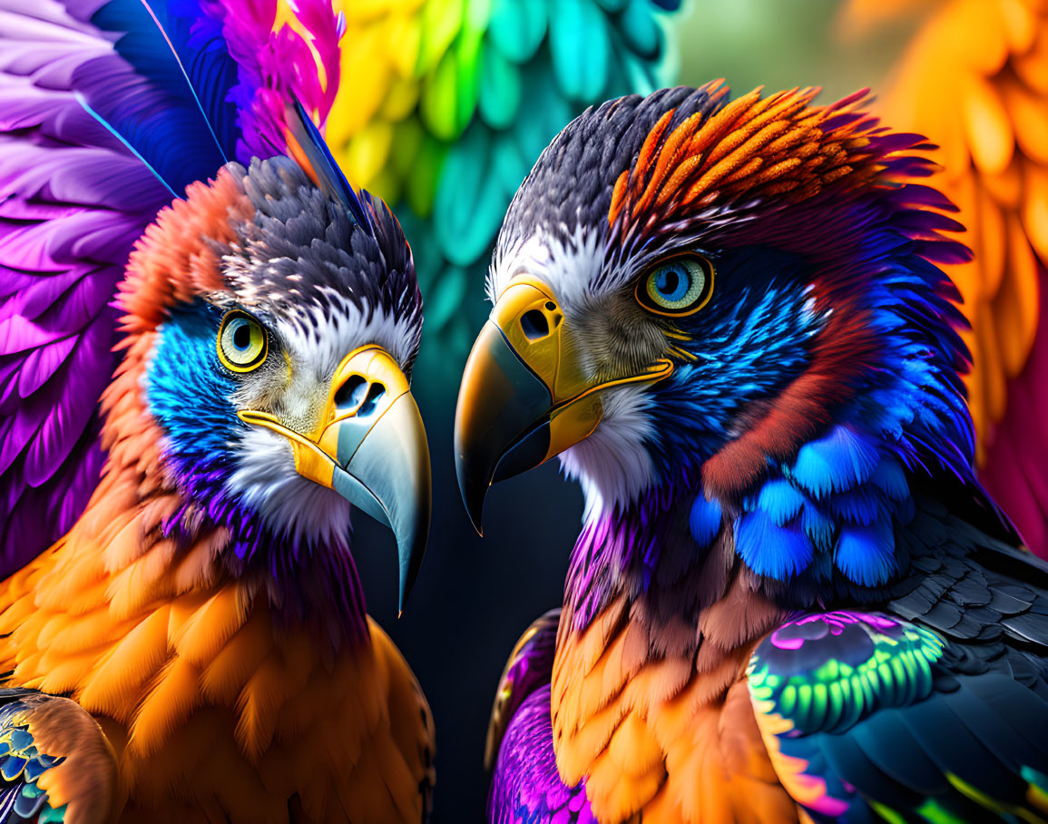 Colorful digital art: Two eagles with vibrant feathers in blue, purple, orange, and green