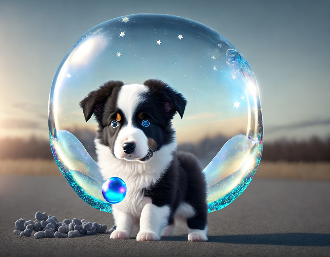 Border Collie puppy in giant bubble under twilight sky with pebbles