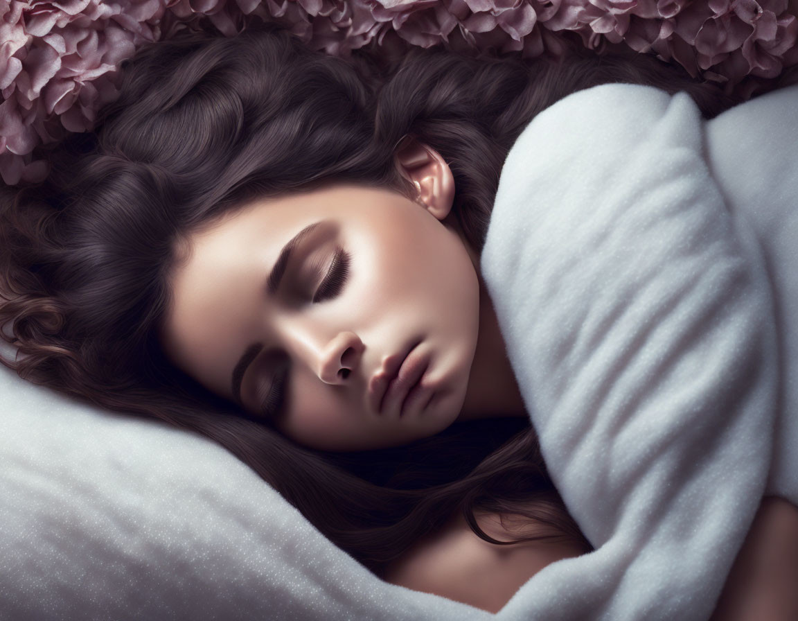 Dark Curly-Haired Woman Sleeping Among Pink Hydrangea Flowers