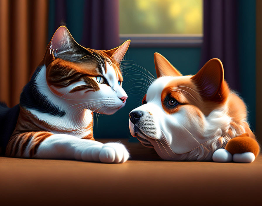 Cat and dog in loving gaze on warm background