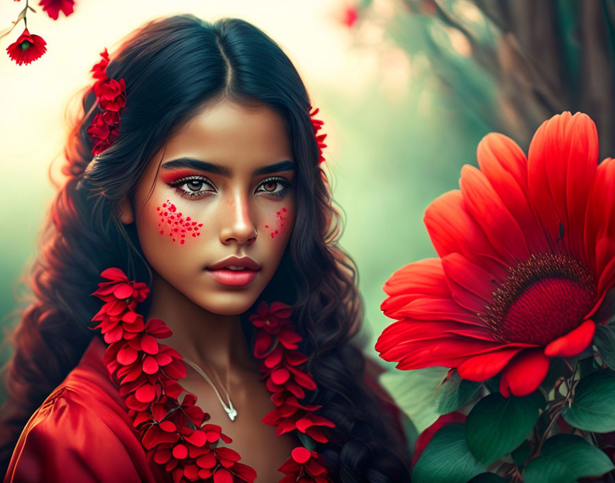 Digital Artwork: Woman with Dark Hair and Red Flowers