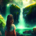 Girl with flower crown admires serene waterfall in mystical forest