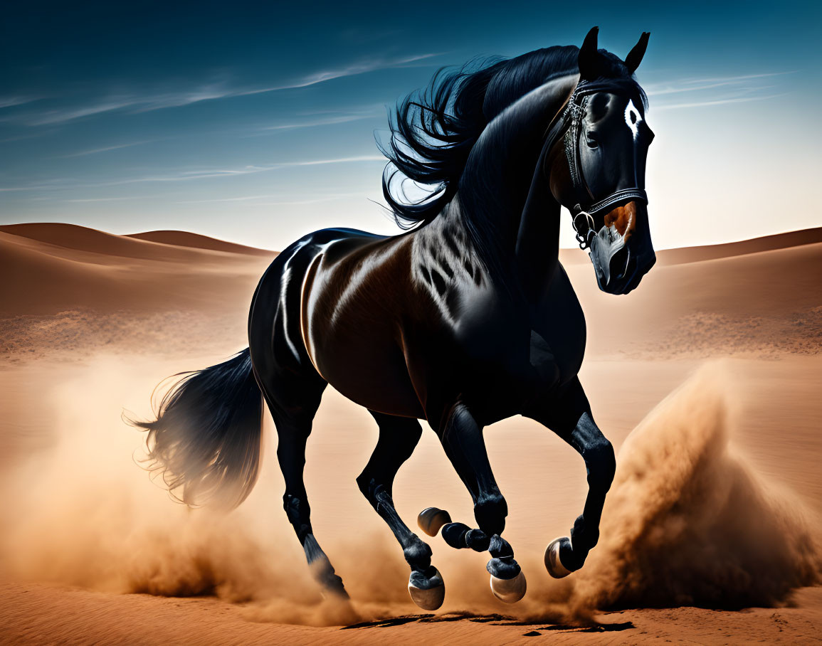 Majestic black horse galloping in sandy desert