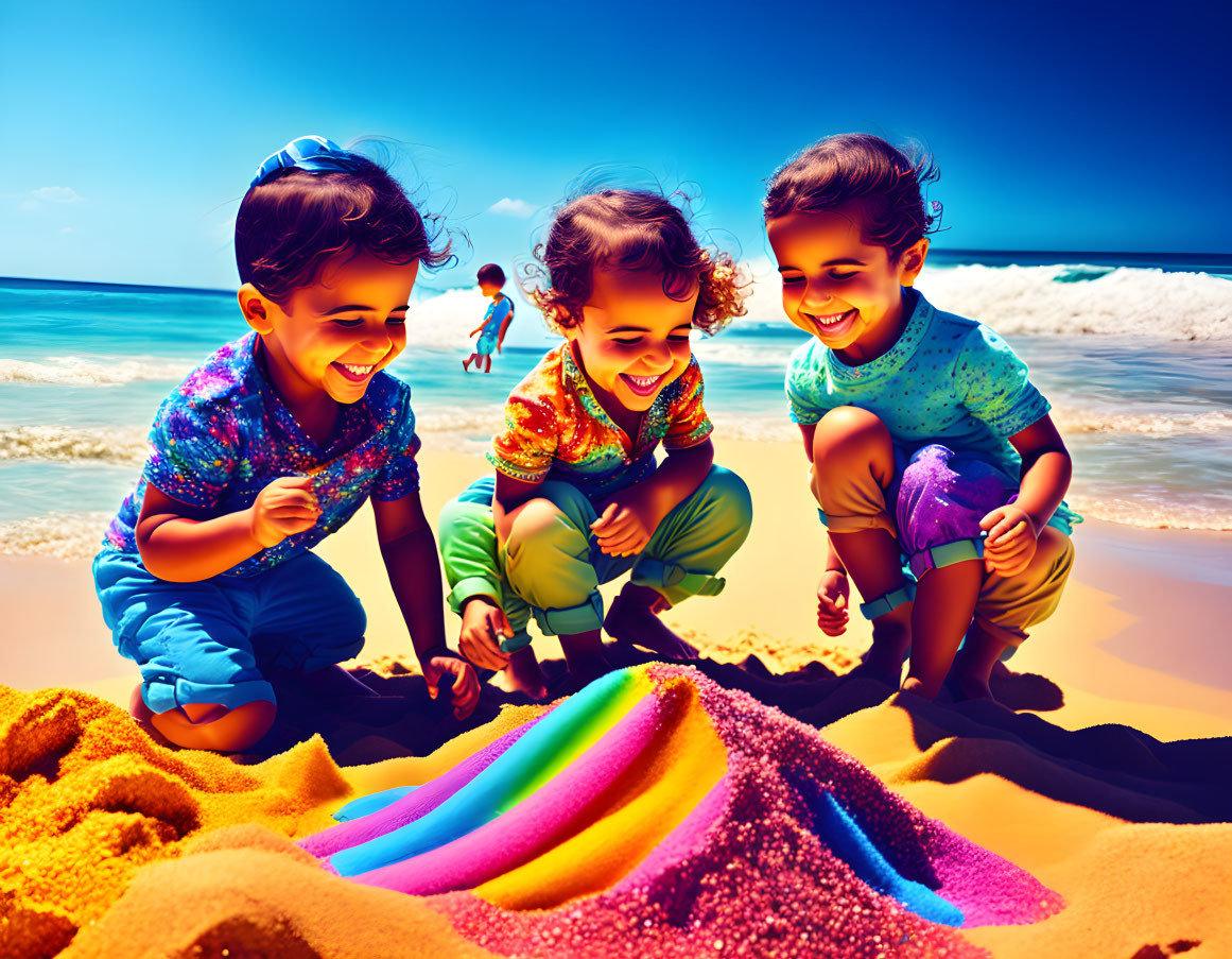 Children playing with colorful sand toy on sunny beach with ocean in background