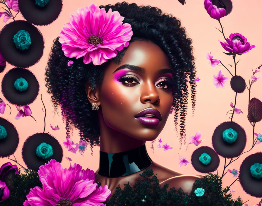 Vibrant purple makeup woman portrait with pink flowers on pastel background