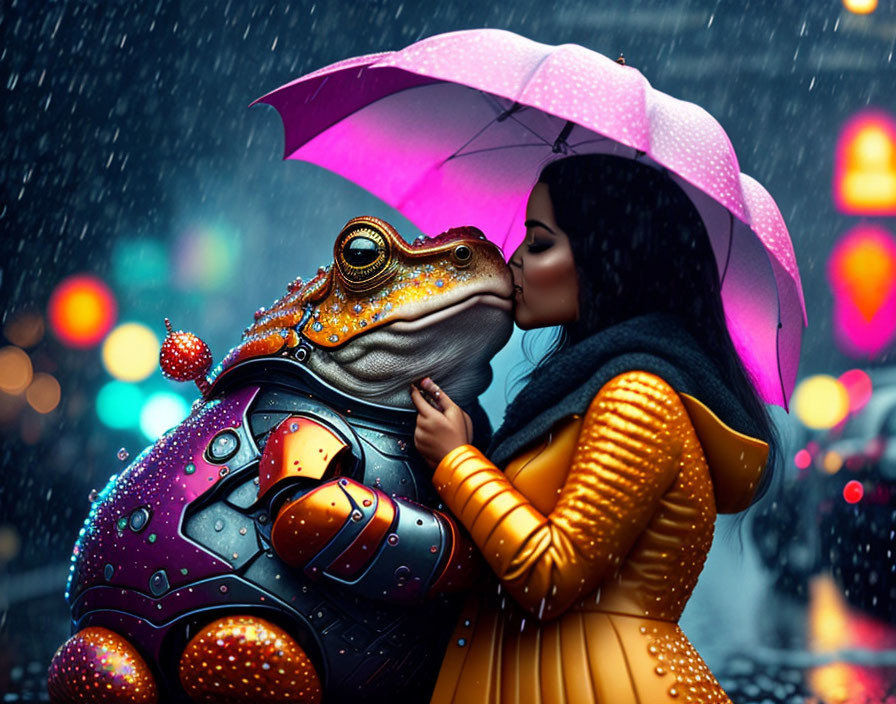 Person kissing whimsical mechanical frog under pink umbrella in vibrant city lights.