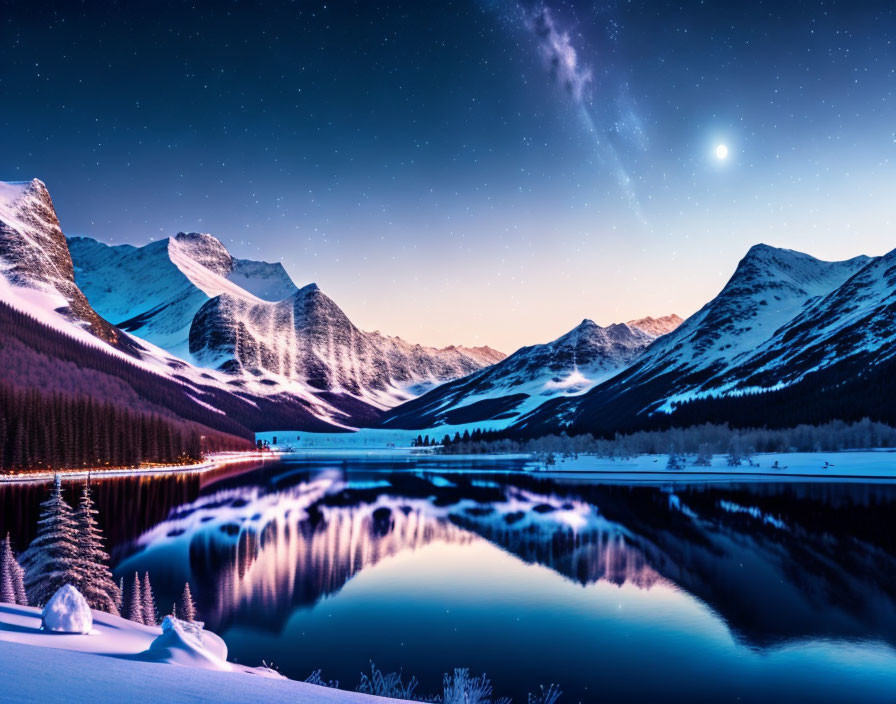 Snow-covered mountains mirrored in still lake under starry sky