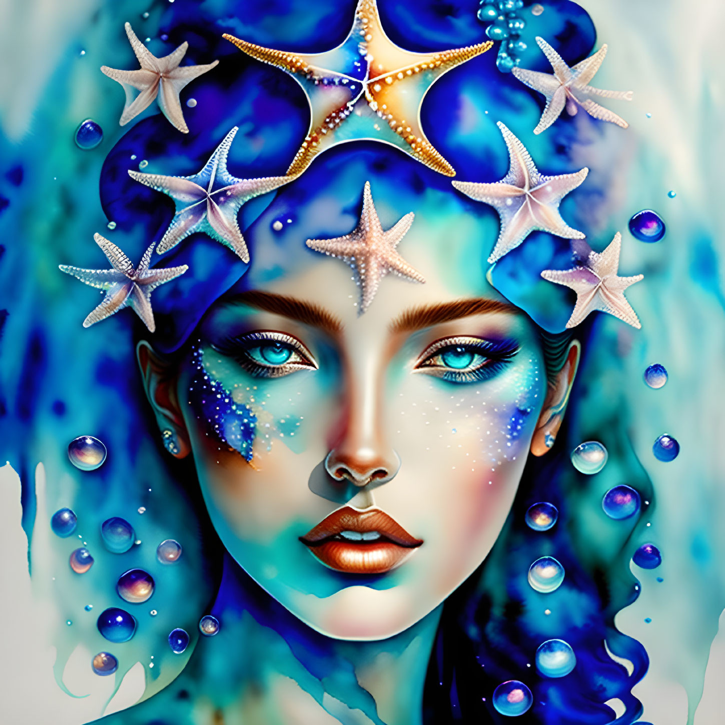 Blue-skinned woman with starfish and bubbles in celestial underwater scene