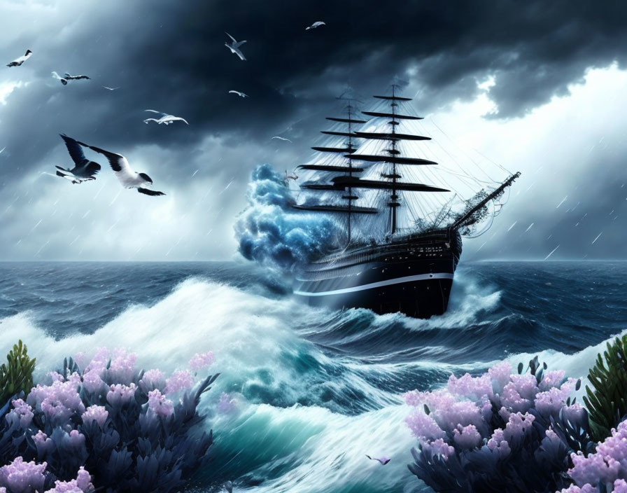 Tall ship in stormy seas with crashing waves and seagulls