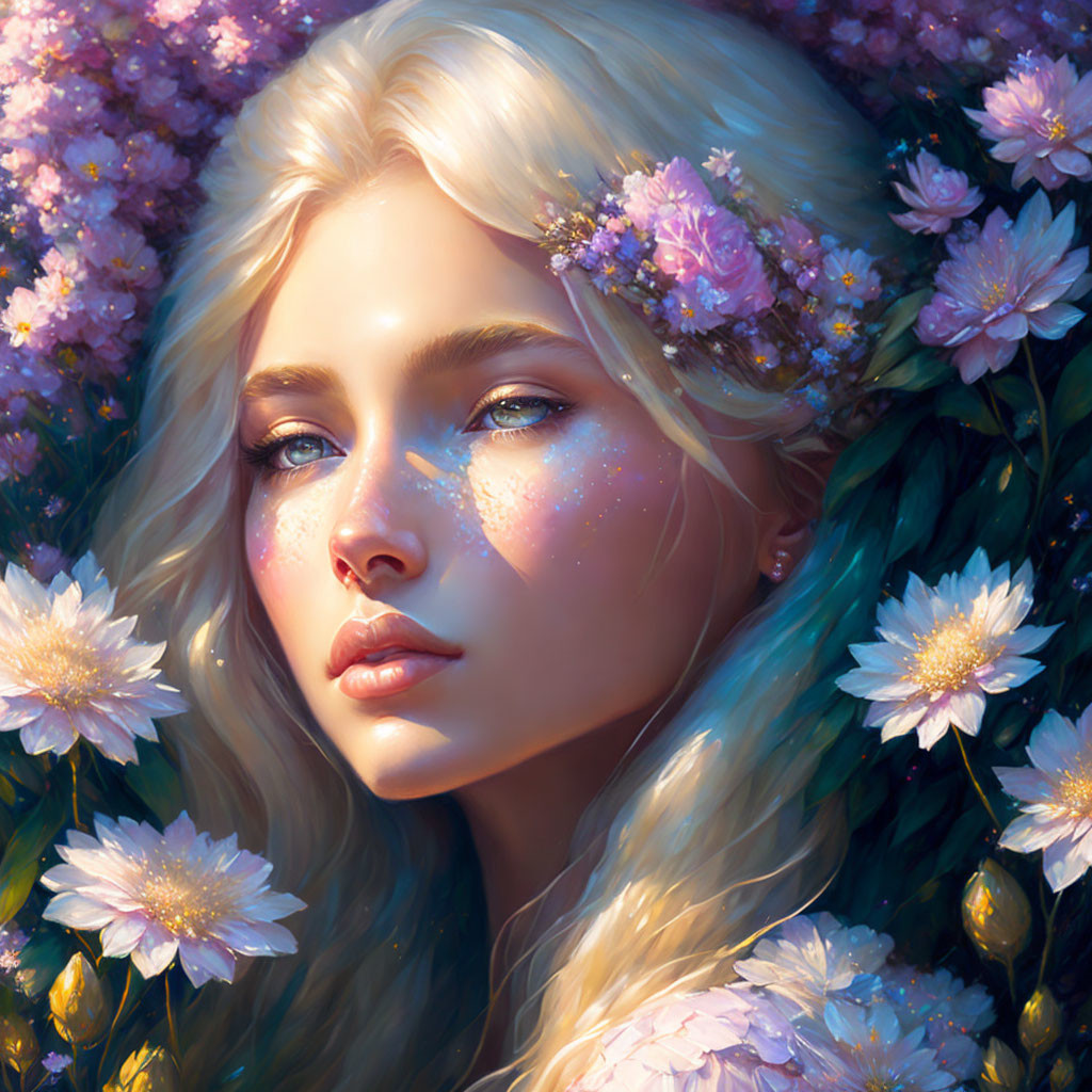 Blond Woman with Blue Eyes Surrounded by Pink Blossoms