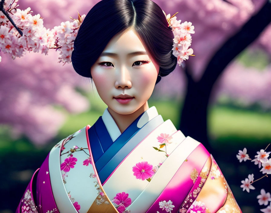 Colorful Kimono-Wearing Woman with Shimada Hairstyle and Cherry Blossoms