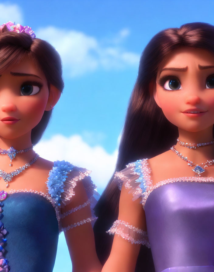 Two elegant animated female characters in dresses and tiaras against a blue sky.