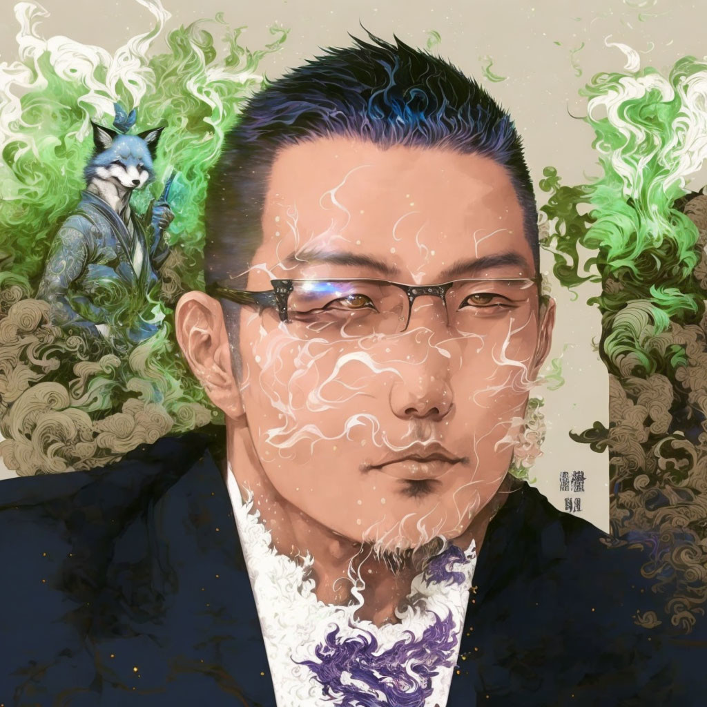 Stylized portrait of a man with glasses and blue & black hair with green smoke and blue wolf