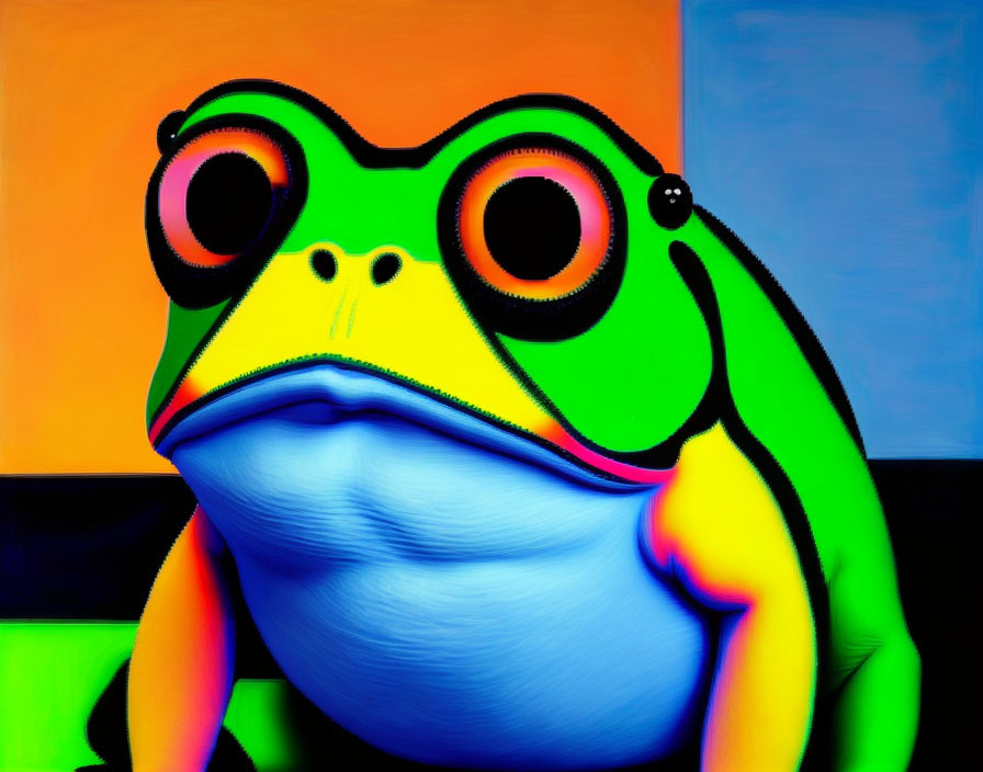 Vibrant frog illustration with exaggerated features and colorful abstract background