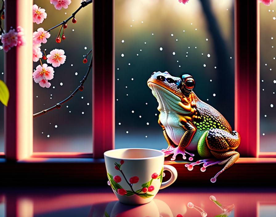 Colorful frog on window ledge with flowering branch, steam, pink sunset, and falling snow.