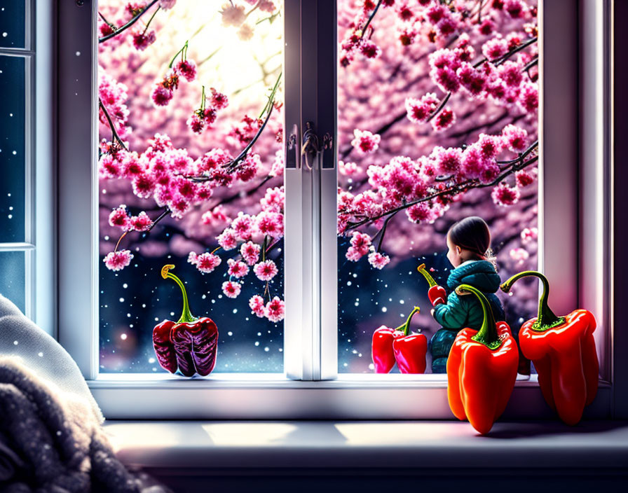 Vibrant window sill illustration with red peppers, cherry blossoms, snowflakes, and child