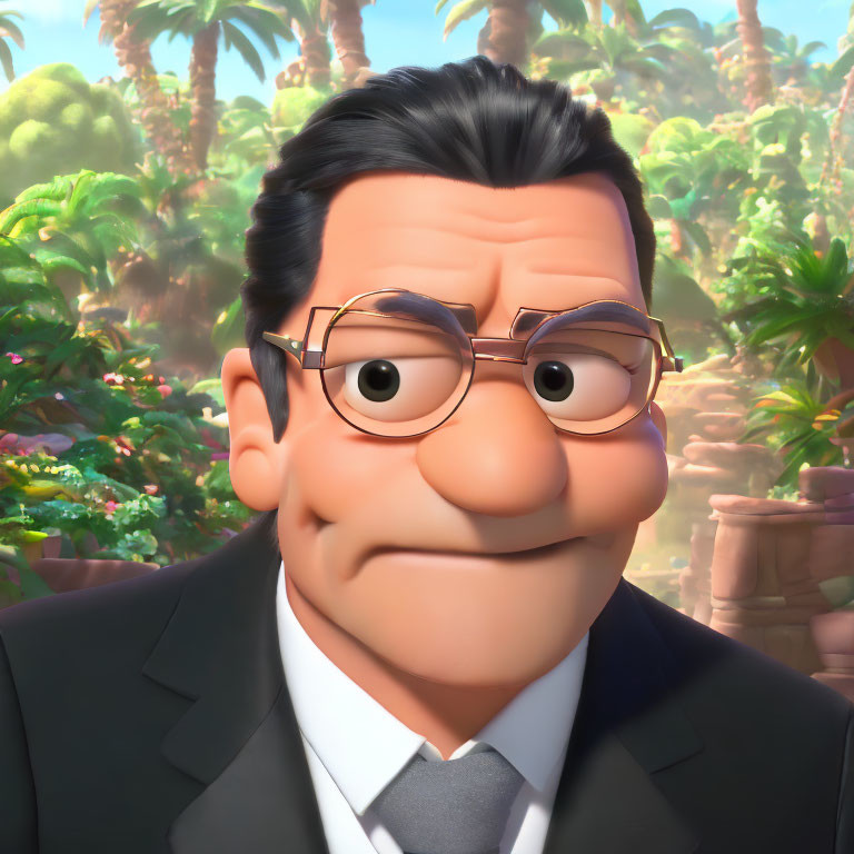 Male animated character in suit with black hair and glasses in tropical setting