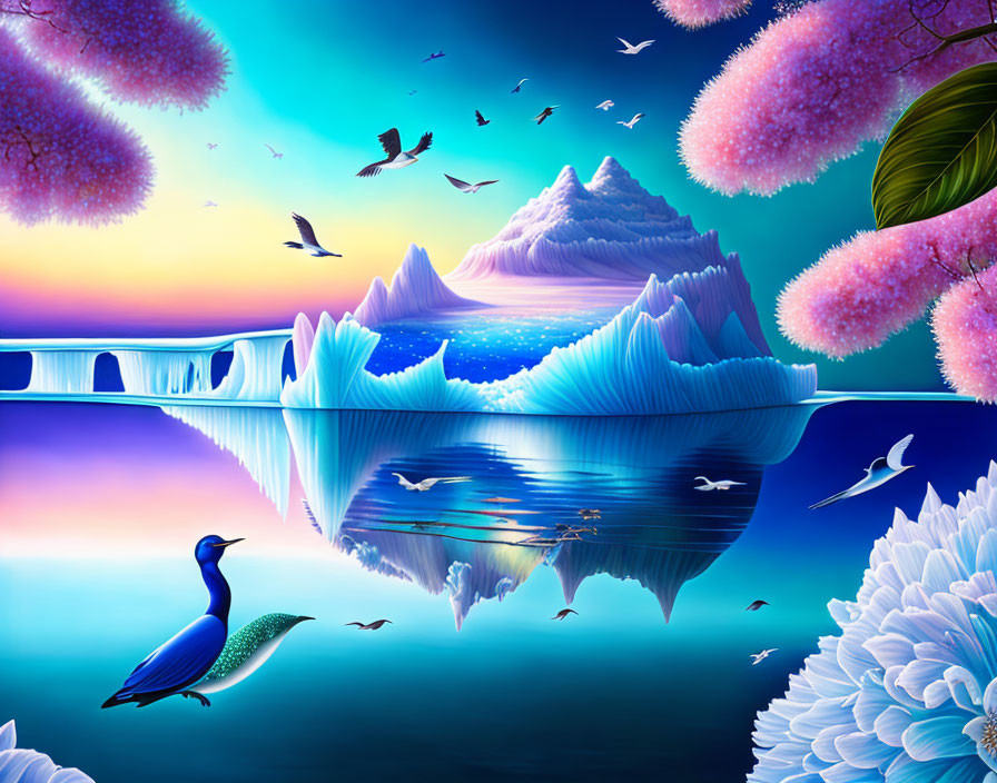 Colorful fantasy landscape with iridescent peacock, pink trees, blue lake, birds, and