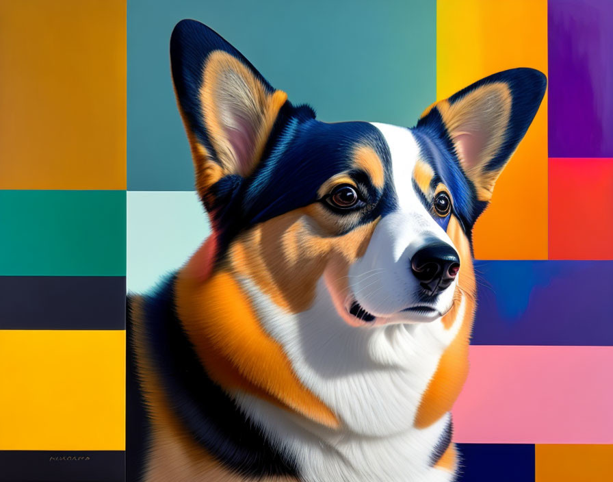 Colorful Corgi Portrait with Geometric Background