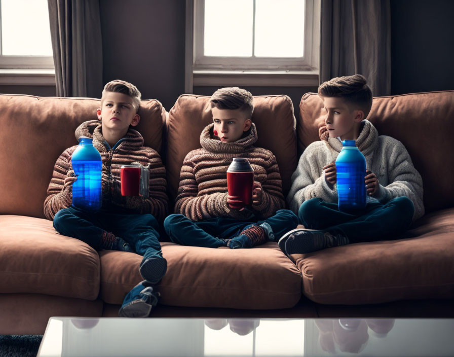 Three boys in knit sweaters with slushie drinks on a couch