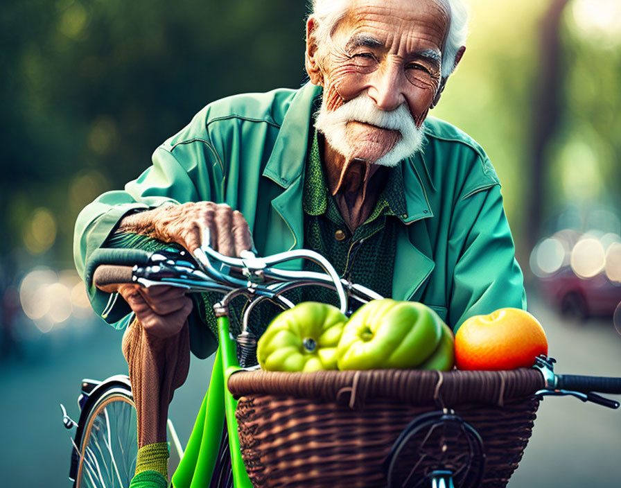 Elderly man with white beard smiling with fruit-filled bicycle