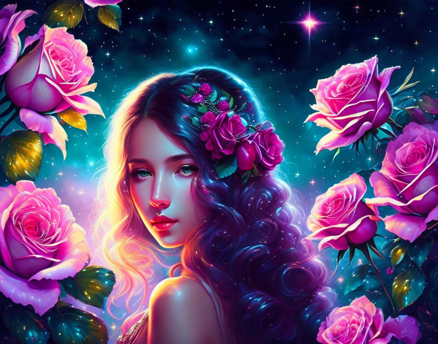 Digital Art Portrait: Woman with Pink Roses, Flower Hair, Stars on Deep Blue Background