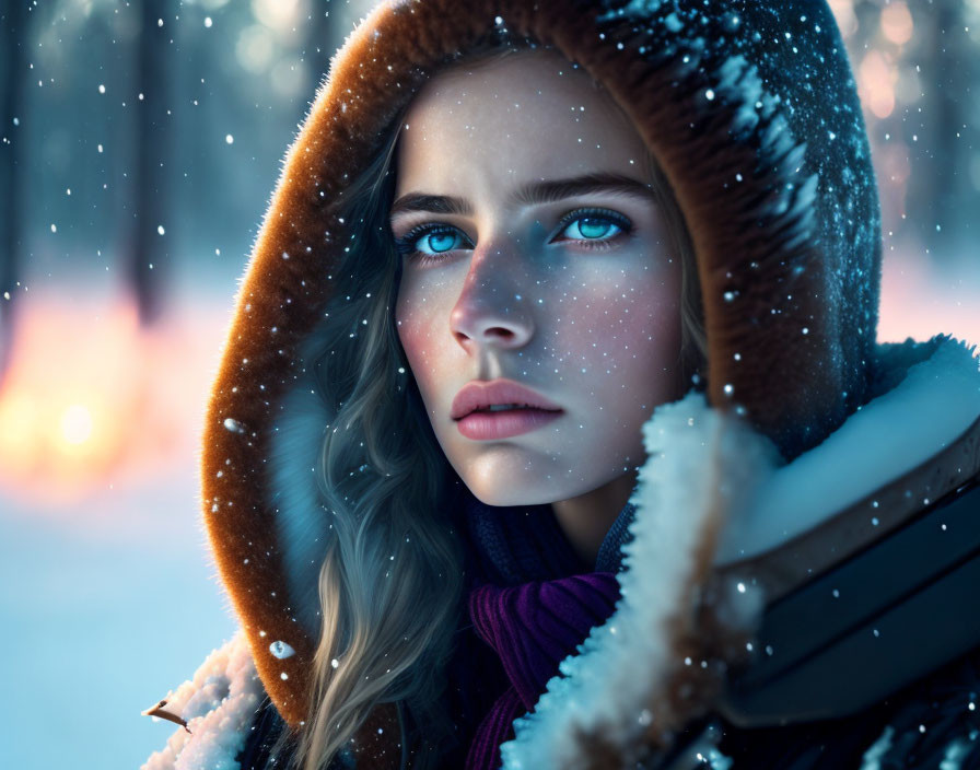 Blue-eyed person in fur-lined hood gazes amid falling snowflakes