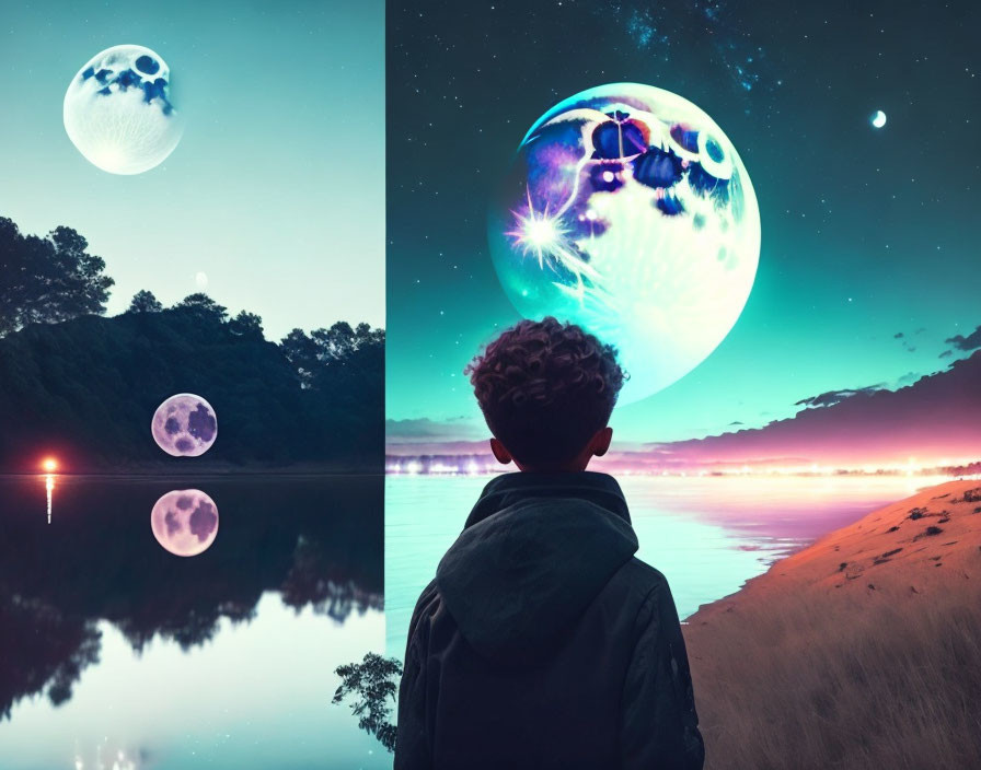 Child observing surreal night scene with oversized moons above lake