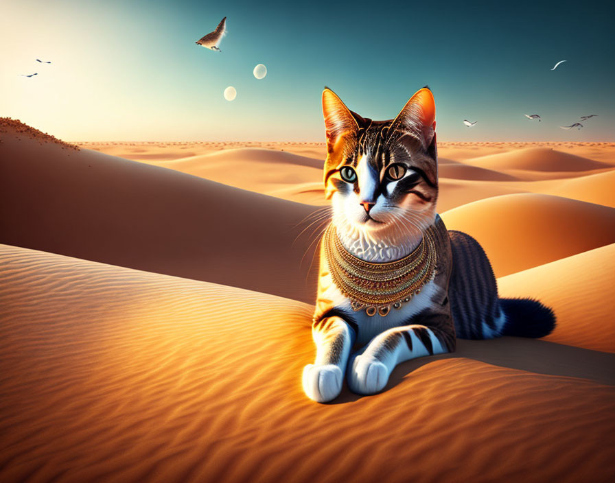 Cat with tribal necklace on desert sand dune at sunset with birds in sky