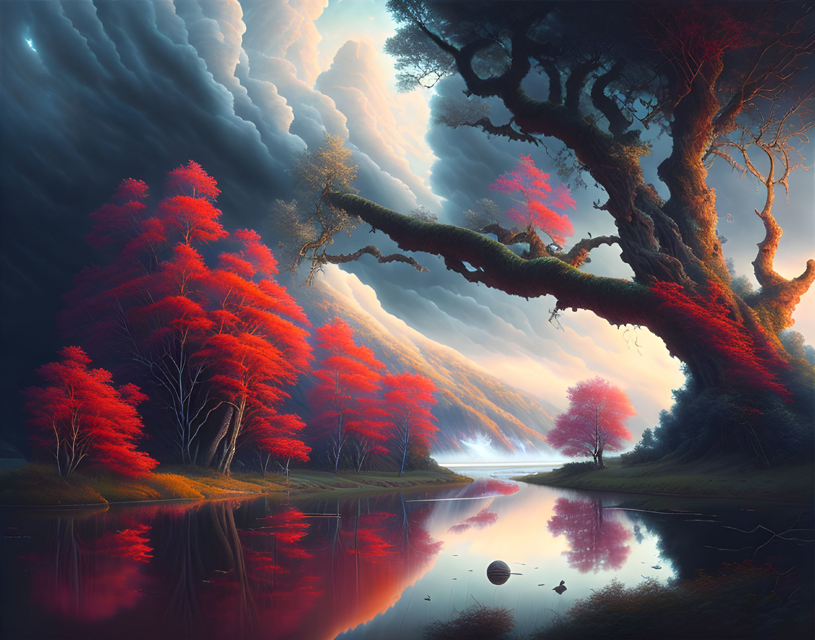 Mystical forest digital artwork with red foliage, reflective river, and cloudy sky