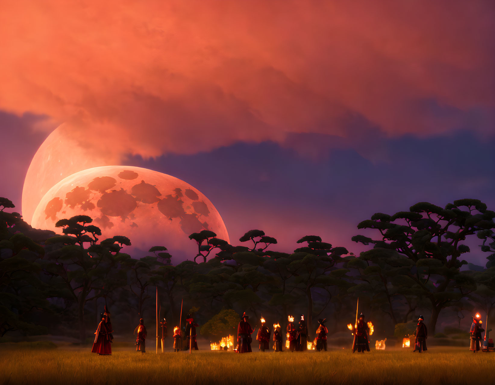 Group of individuals in red robes holding torches under twilight sky with moon and trees