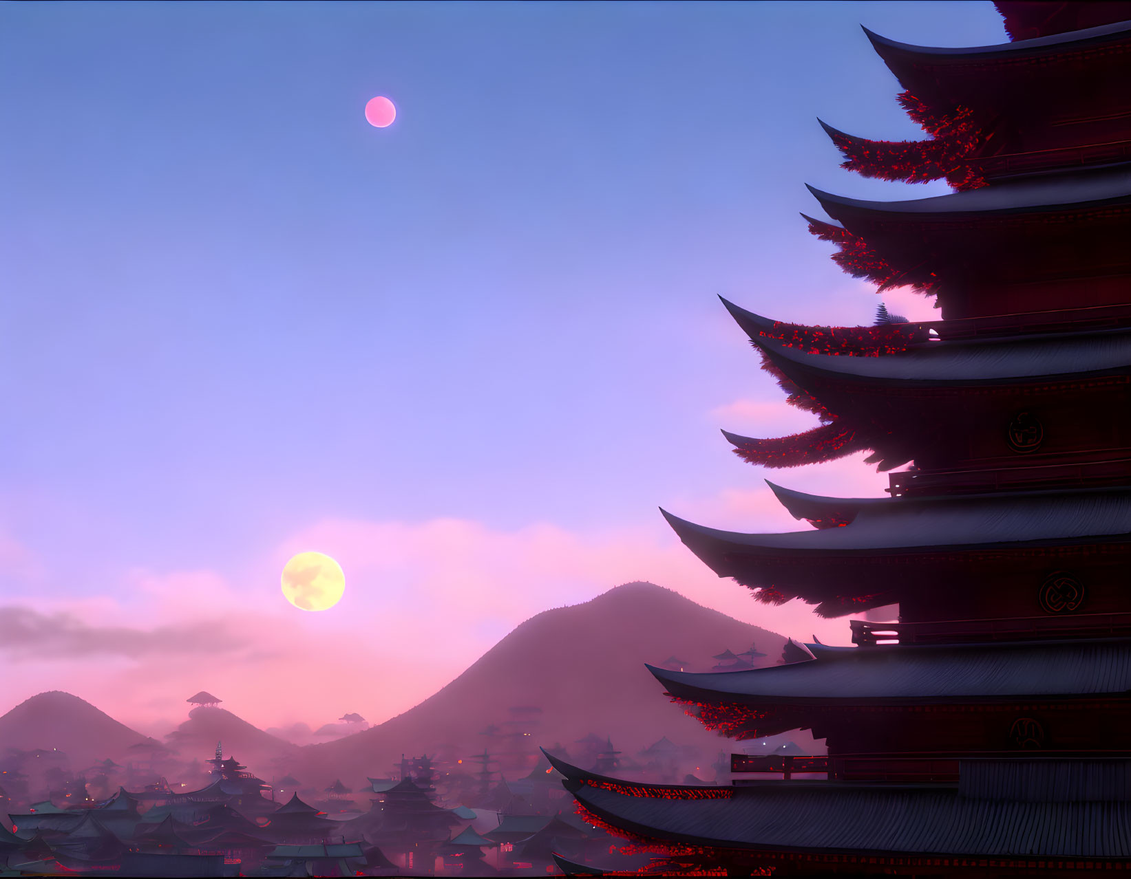 Traditional East Asian village at sunset with pagodas and pink sun