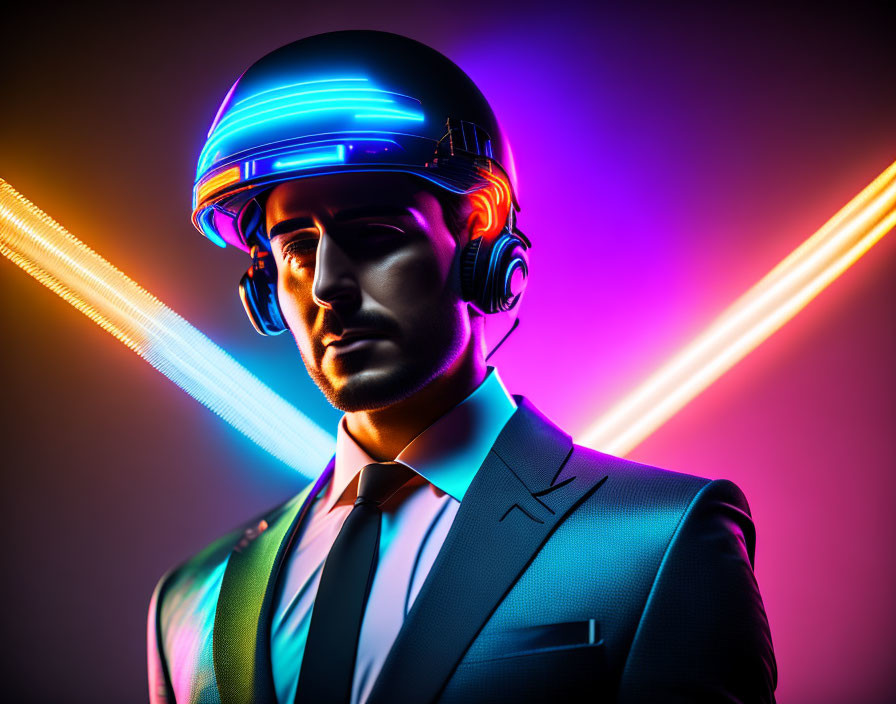 Futuristic helmet on man in suit with neon lights