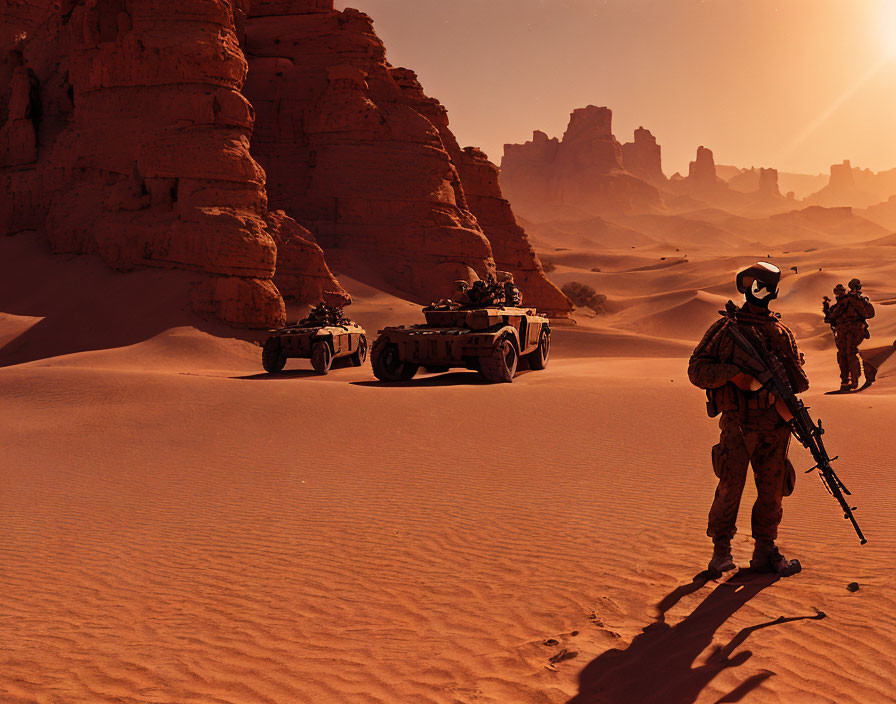 Military soldiers in desert gear among sand dunes and rock formations at sunset with military vehicles.