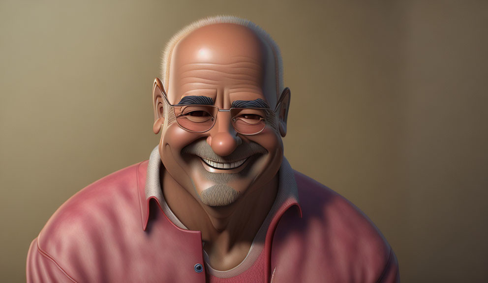 Elderly Bald Animated Character with Glasses and Pink Shirt