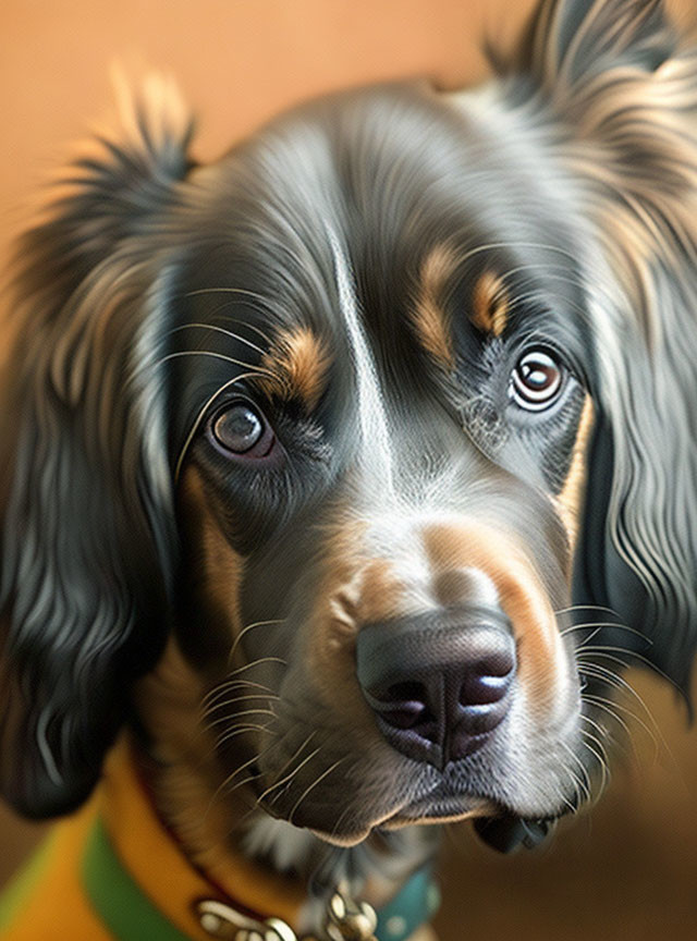 Close-up of a shiny black and tan dog with soulful eyes and floppy ears wearing a green collar