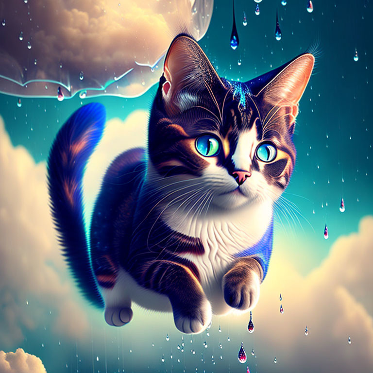 Whimsical digital artwork of a cat with striking blue eyes and glowing collar, surrounded by floating water