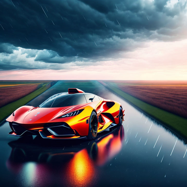 Red sports car racing on wet road in stormy landscape