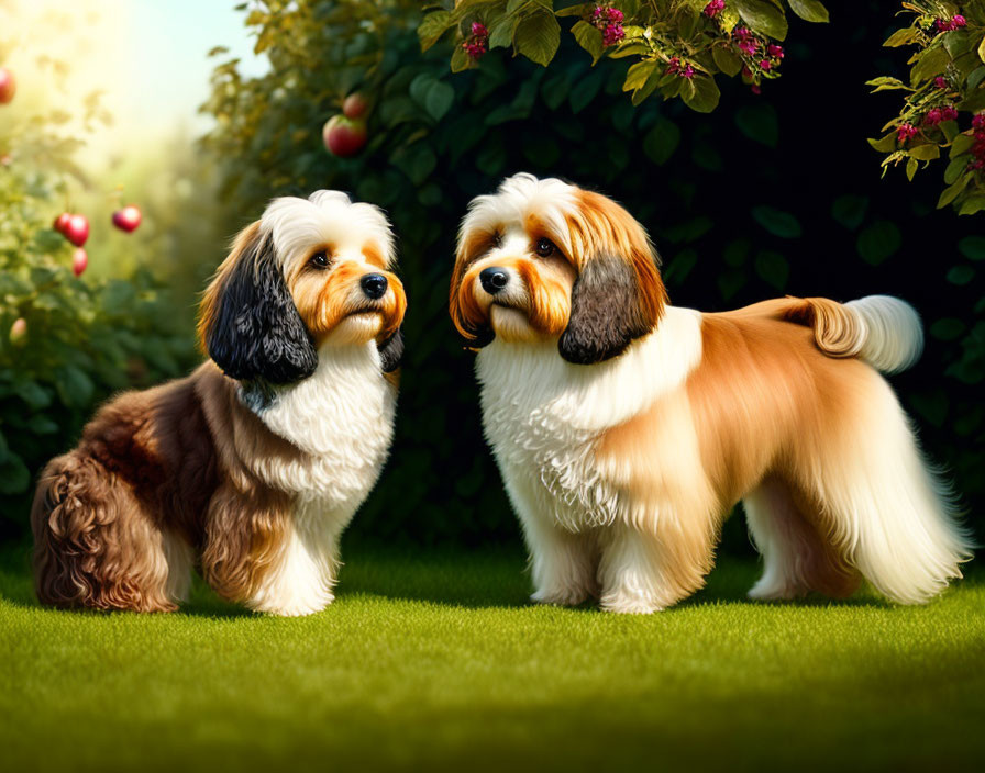 Fluffy dogs on green grass with apple trees and bushes