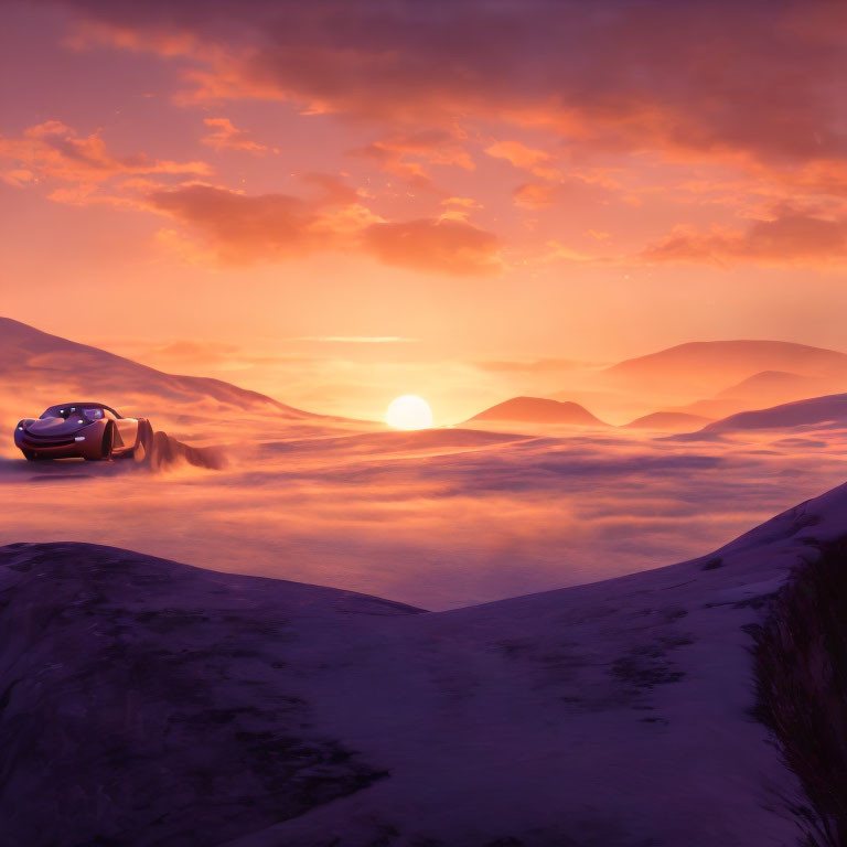 Smiling car character driving over sandy dunes at vibrant sunset