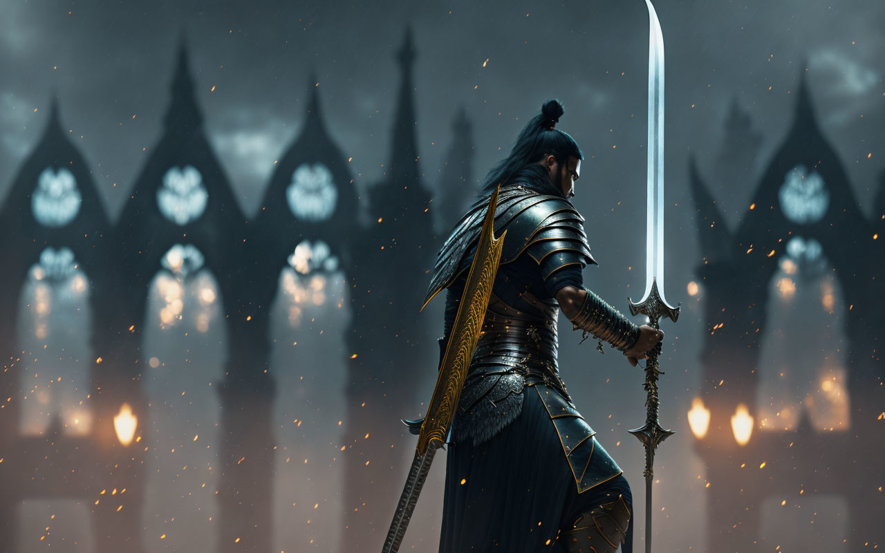 Warrior in Black Armor with Glowing Sword in Dark, Ominous Setting