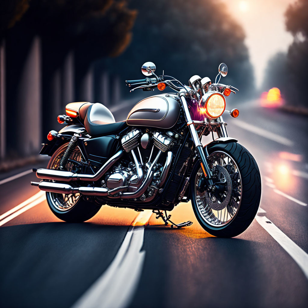 Vintage motorcycle parked on empty road with headlights on, forest background at golden hour