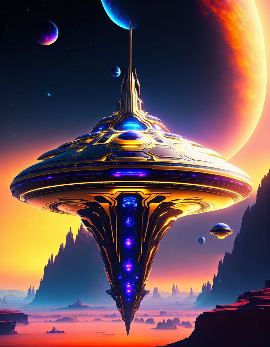 Golden spaceship with blue glowing elements in alien landscape under twilight sky