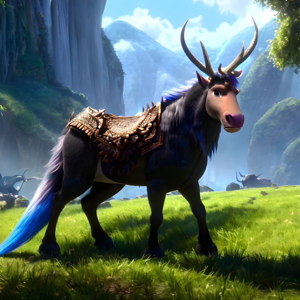 Majestic animated elk in lush forest with ornate saddle under sunlight