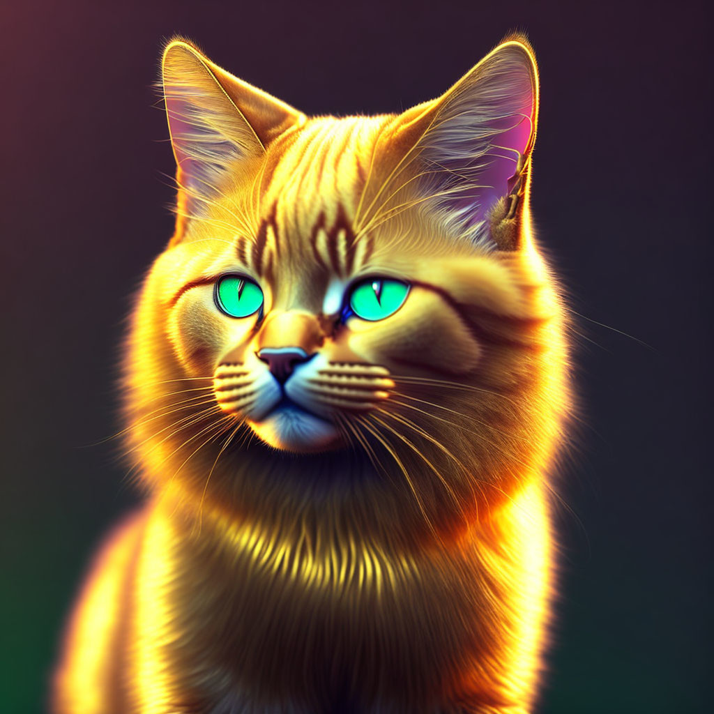 Golden Cat with Turquoise Eyes and Glow Effect on Dark Background