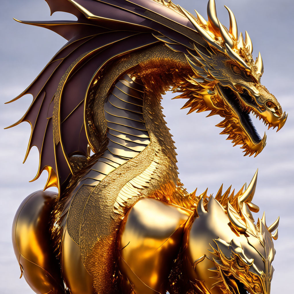 Golden dragon with intricate scales and elaborate horns in front of expansive wings