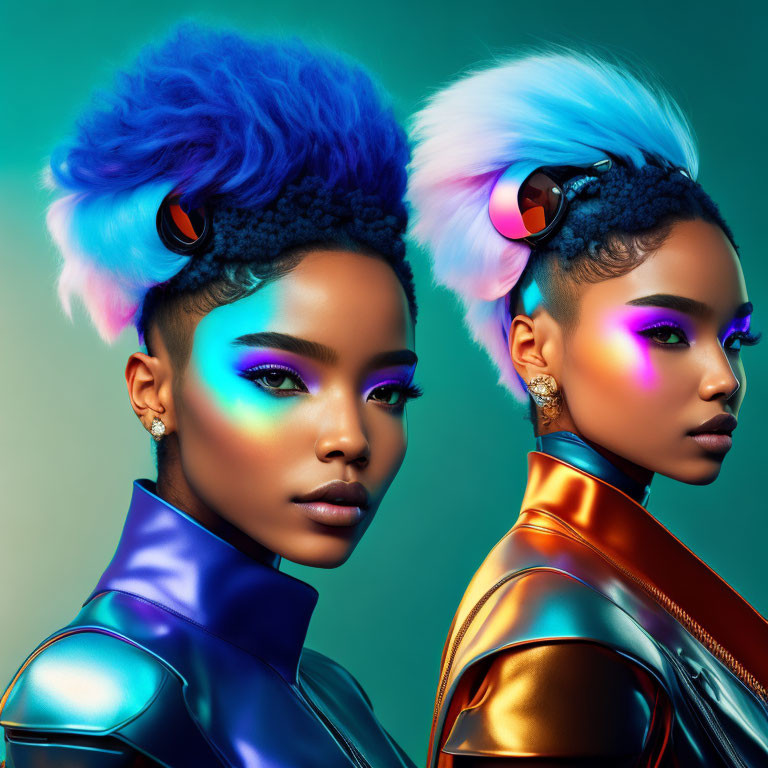 Vibrant blue and white mohawk hairstyles, colorful makeup, glossy jackets on models.