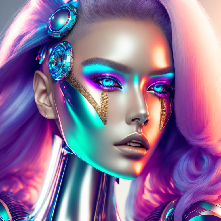 Digital art: Woman with iridescent makeup, futuristic earpiece, and colorful hair in cyberpunk